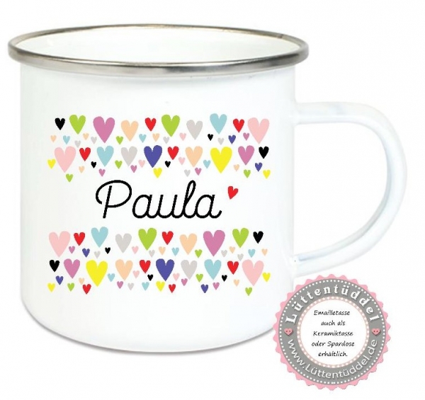 ♥ Tasse Emailletasse Becher,  Herzen, Wunschname, Einschulung KITA Dankeschön, Abschied, Geburtstag, Jubiläum, Geschenk, Becher von Lüttentüddel